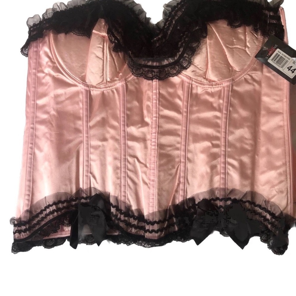 Satin Pink Corset with Black Lace Trim